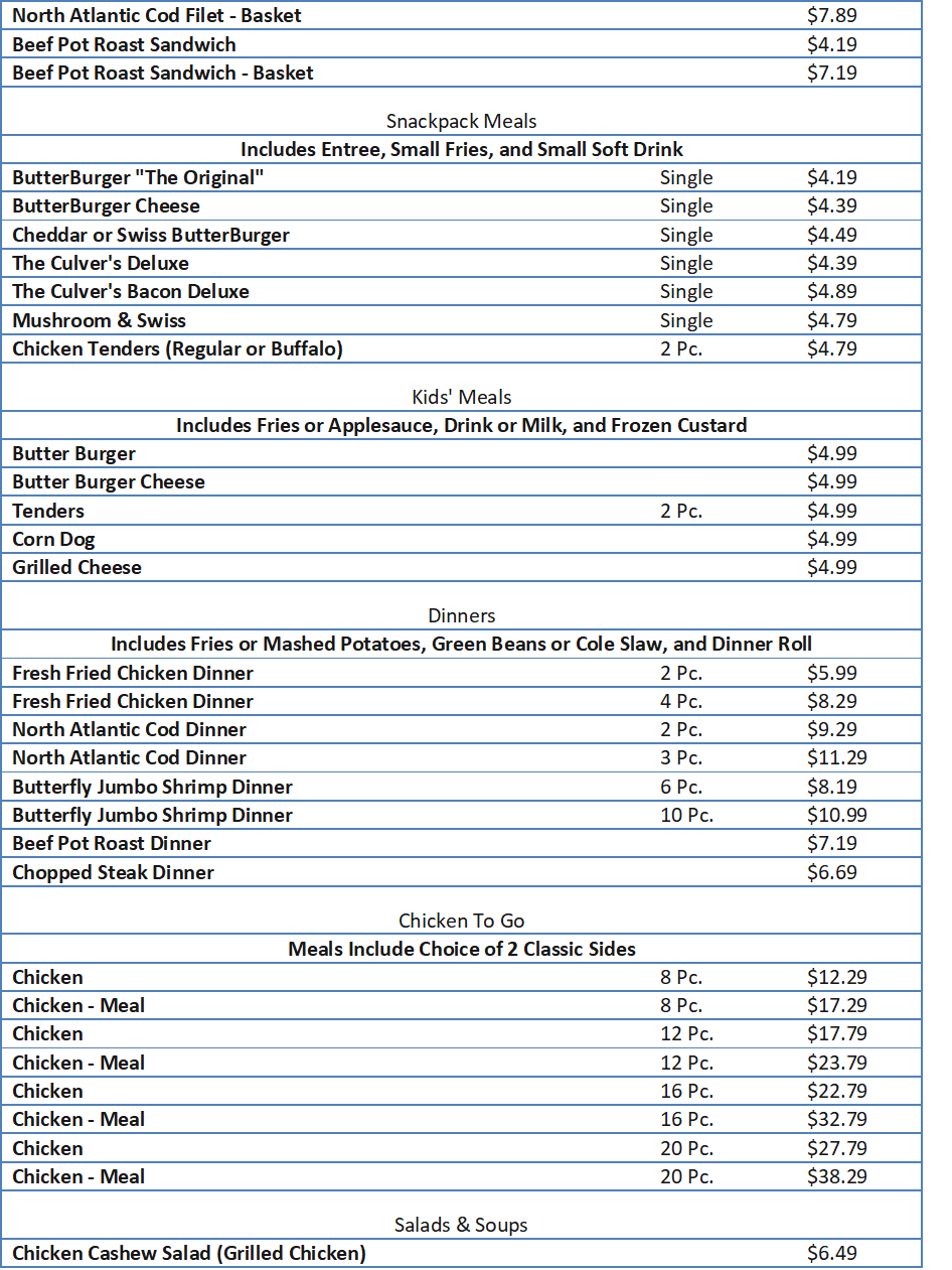 culvers menu with prices