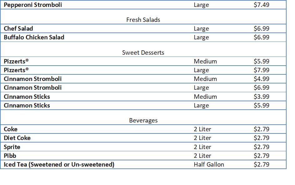 pizza inn menu and prices