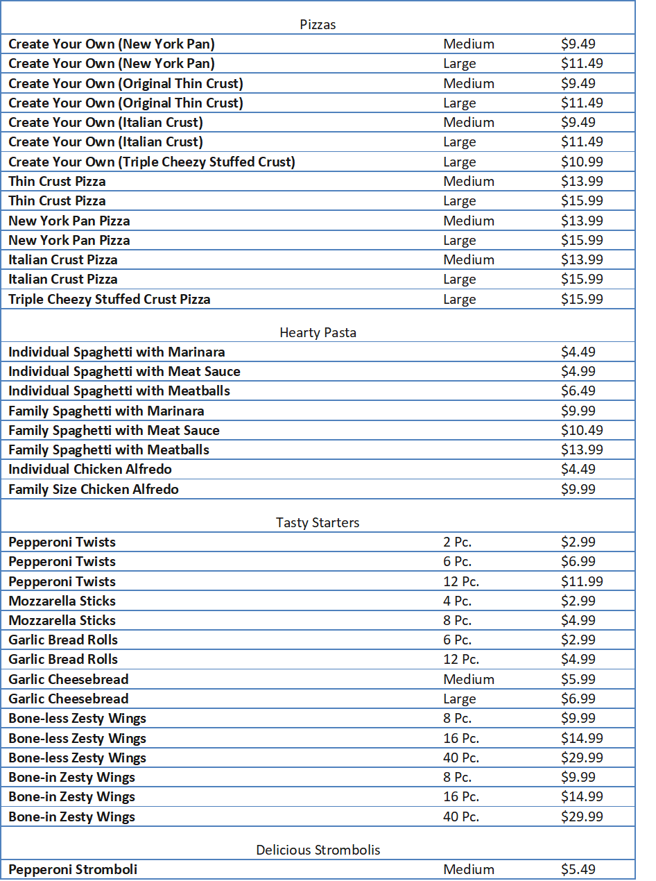 pizza inn menu prices